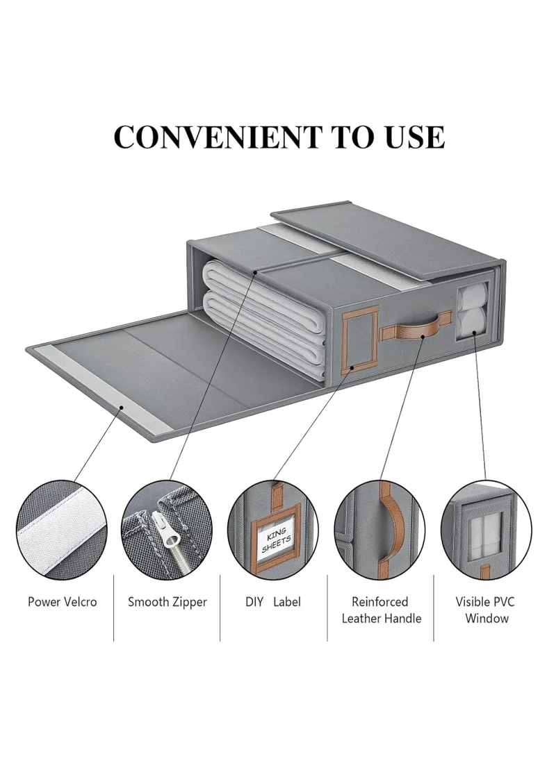 1Chase Bed Sheet Organizers and Storage - 4-Pack Foldable Linen Closet Organizer with Clear Window, Sheets Set Folder Keeper, Bedding Storage Box for Bed Sheets and Pillows, Cube Organizer. (GREY)