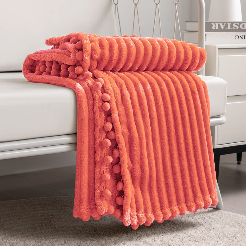 DISSA Fleece Blanket Twin Size  60x80 Coral  Soft Plush Fluffy Fuzzy Warm Cozy  Perfect Throw for Couch Bed Sofa  with Pompom Fringe  Flannel Blanket