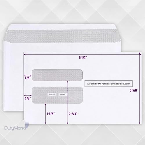 Dutymark 100 W2 Envelopes, Double Window Security Envelope For W2 2 Up Tax Forms, Designed for Printed W2 Laser Forms, Form QuickBooks Desktop and Other Tax Software, 5 5/8’’ x 9’’, 100 Envelopes Gum Seal - Image 4