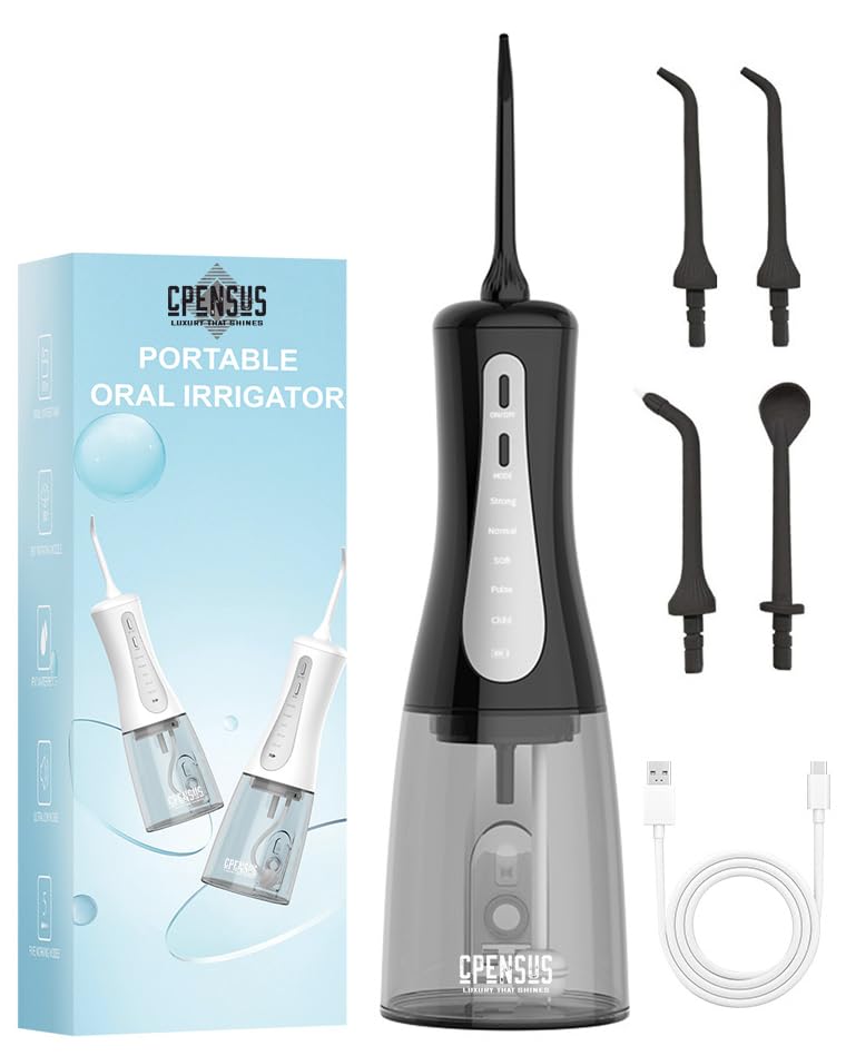 CPENSUS 360° water flosser for teeth 350 ml water tank wih 5 pressure modes & 4 Jet tips nozzles IPX7 water proof 1500mAH battery portable dental floss for teeth cleaner travel oral irrigator (Black) - Image 1