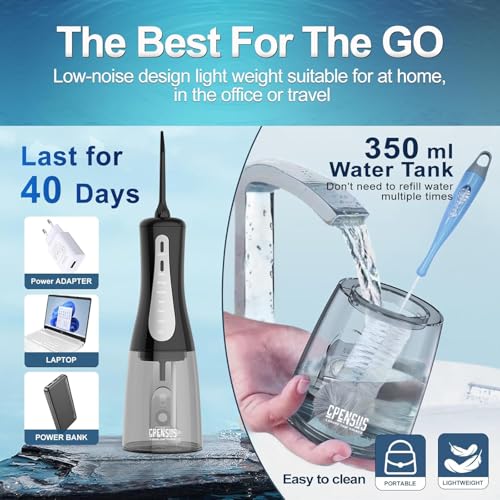 CPENSUS 360° water flosser for teeth 350 ml water tank wih 5 pressure modes & 4 Jet tips nozzles IPX7 water proof 1500mAH battery portable dental floss for teeth cleaner travel oral irrigator (Black) - Image 4