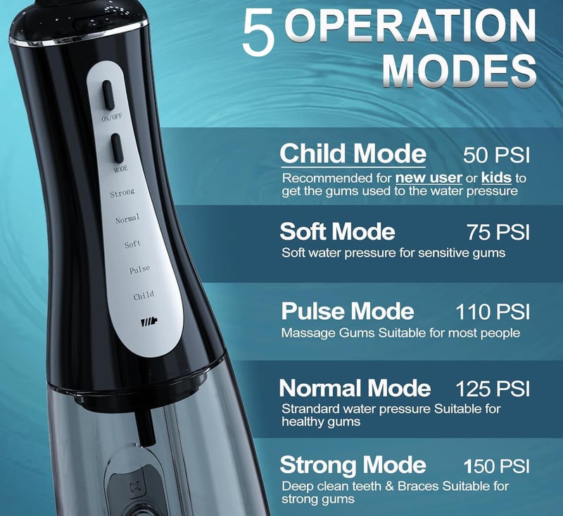CPENSUS 360° water flosser for teeth 350 ml water tank wih 5 pressure modes & 4 Jet tips nozzles IPX7 water proof 1500mAH battery portable dental floss for teeth cleaner travel oral irrigator (Black) - Image 2