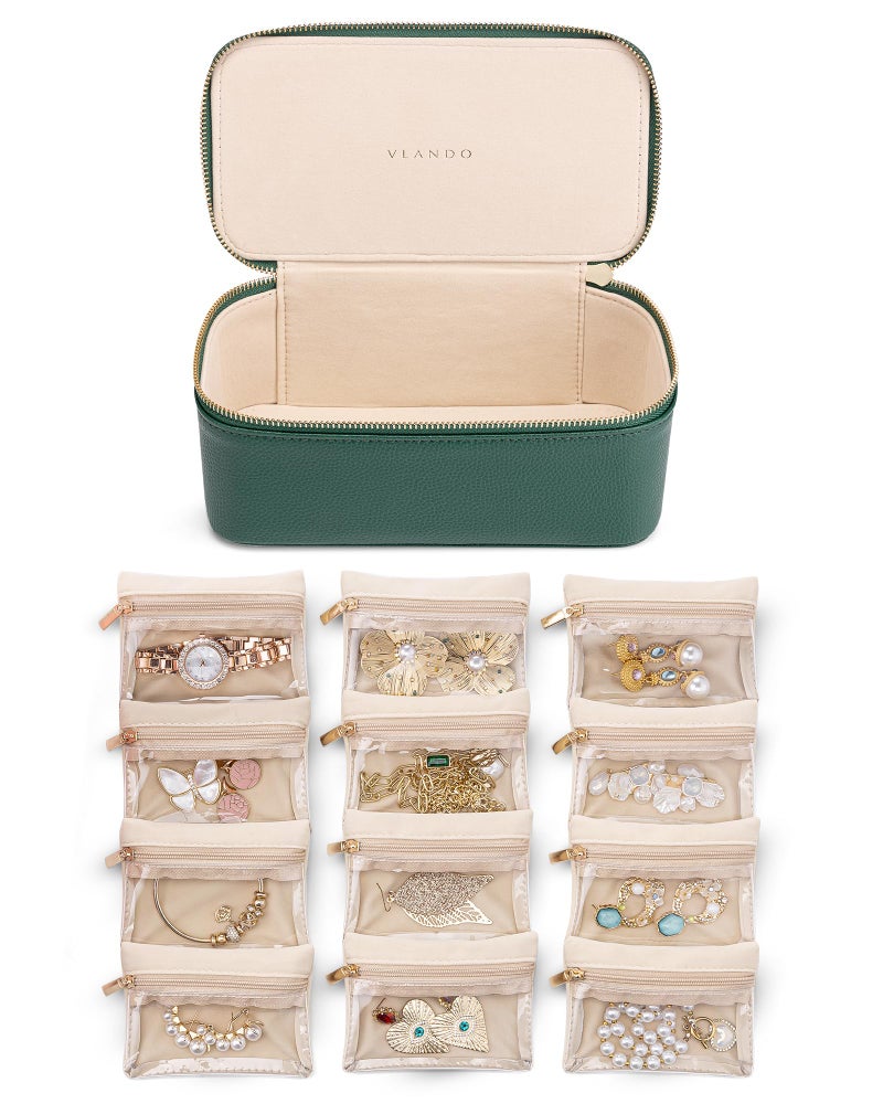 VLANDO Gifts for TeachersJewelry Case with 12 Velvet Jewelry Bags Travel Jewelry Organzier for Travelers Necklace Rings Earrings Jewelry Bags Birthday Wedding Gifts Green - Image 2