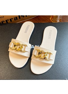 Womens Casual Summer 2023 Flat Foot Slippers With Metal Buckle One-Row Beach Sandals Nylon Lining Rubber Sole Adults Creamy-white