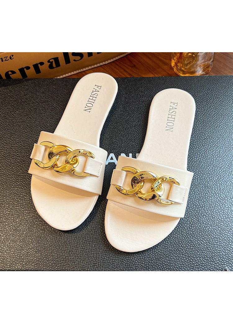 Generic - Womens Casual Summer 2023 Flat Foot Slippers With Metal Buckle One-Row Beach Sandals Nylon Lining Rubber Sole Adults Creamy-white - Image 1