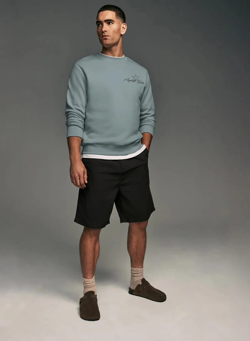 مانياك سويت شيرت مانياك رجالي قطن فليس رمادي فاتح مطبوع بقصة واسعة