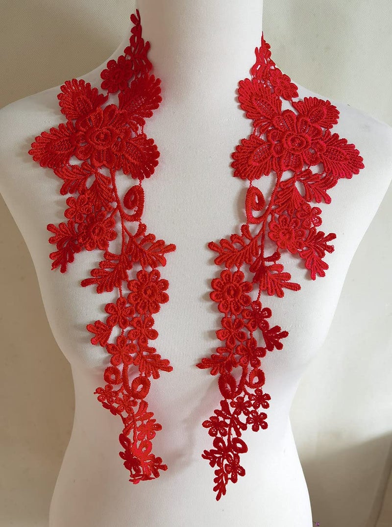 ZALALAA 1 Pair Embroidery Applique Wedding Lace Floral Motif Sewing Trims Decoration Red - Image 3