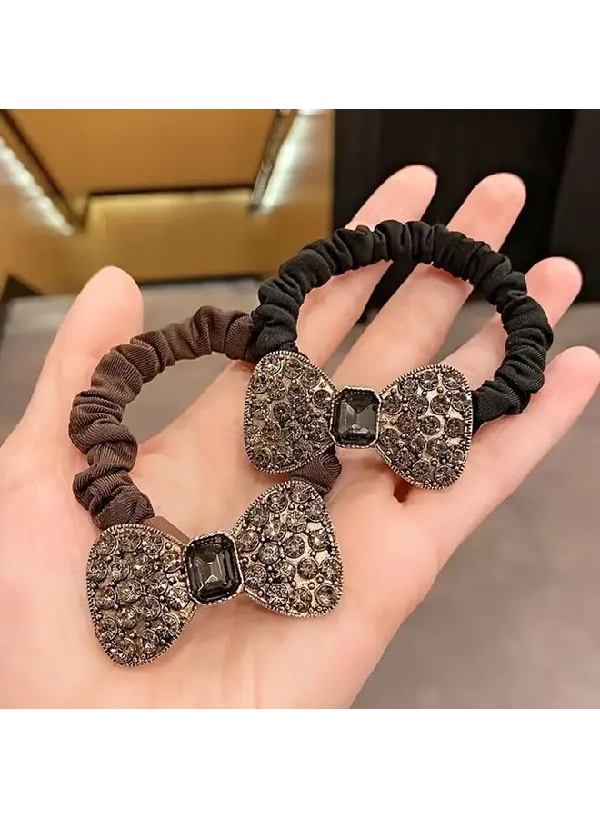 أشرطة شعر من قهوة سوداء بأربطة ربط مرصعة بحجر الراين 2 قطعة إكسسوارات شعر فاخرة من العصر القديم متلألئة من السبائك - Image 3