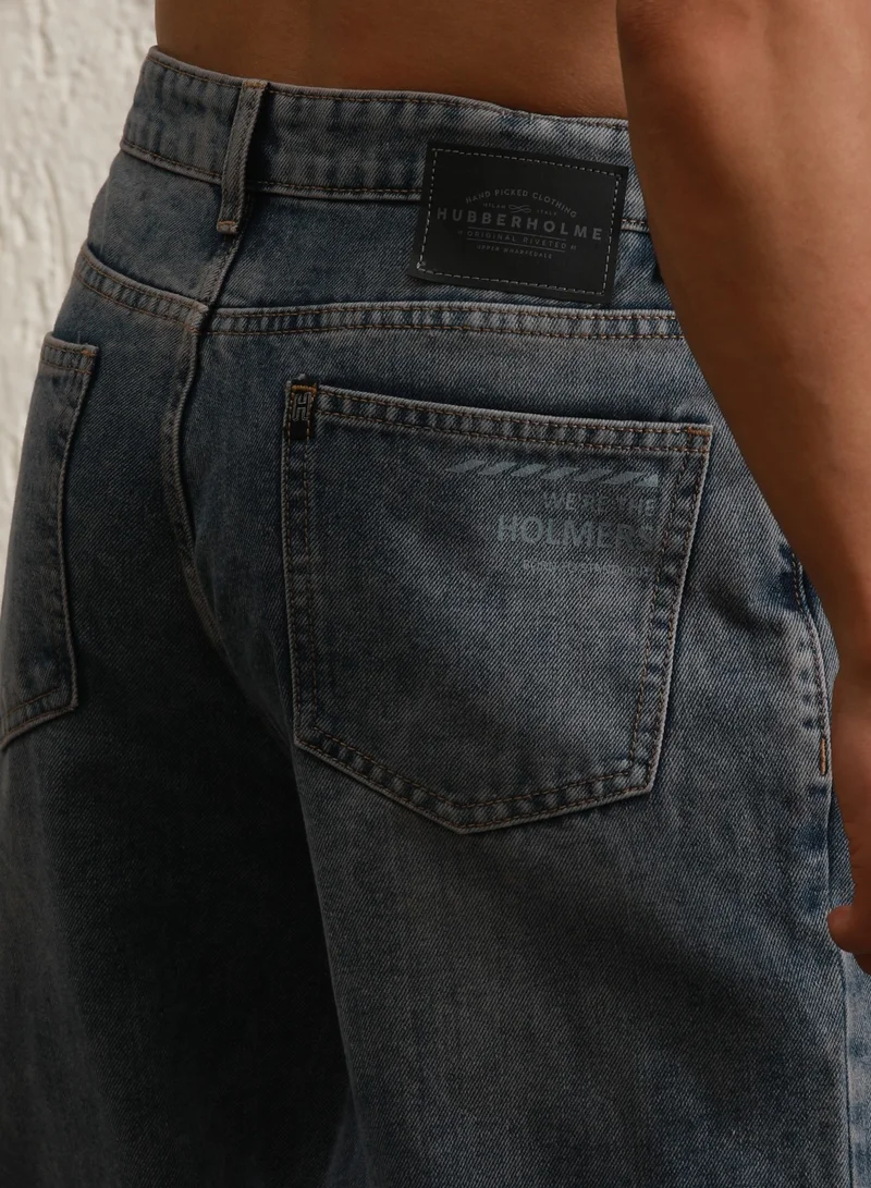 Hubberholme Indigo Tapered Fit Mildly Distressed Jeans for Men, Cotton