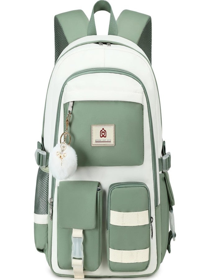 Hidds Laptop Backpack For College Women Elementary Middle High School Bag Teen Girls Bookbag Travel Daypack Backpacks (Green Beige) - Image 1