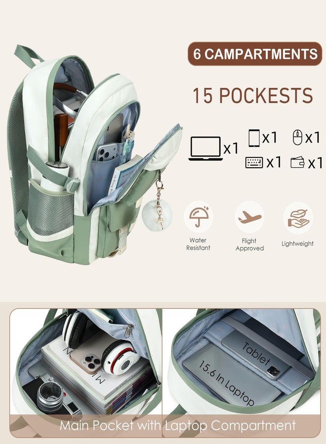 Hidds Laptop Backpack For College Women Elementary Middle High School Bag Teen Girls Bookbag Travel Daypack Backpacks (Green Beige) - Image 3