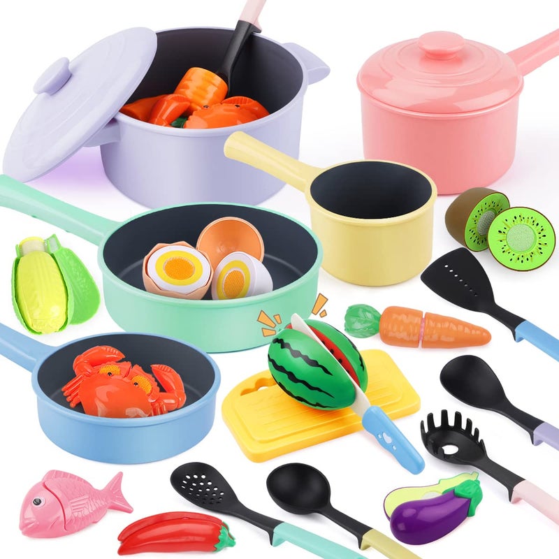 GILOBABY Play Kitchen Accessories Play Food Sets for Kids Kitchen Playset with Pots and Pans Set Cooking Utensils Preschool Learning Education Toys for Toddlers Birthday Gifts for Girls Pink
