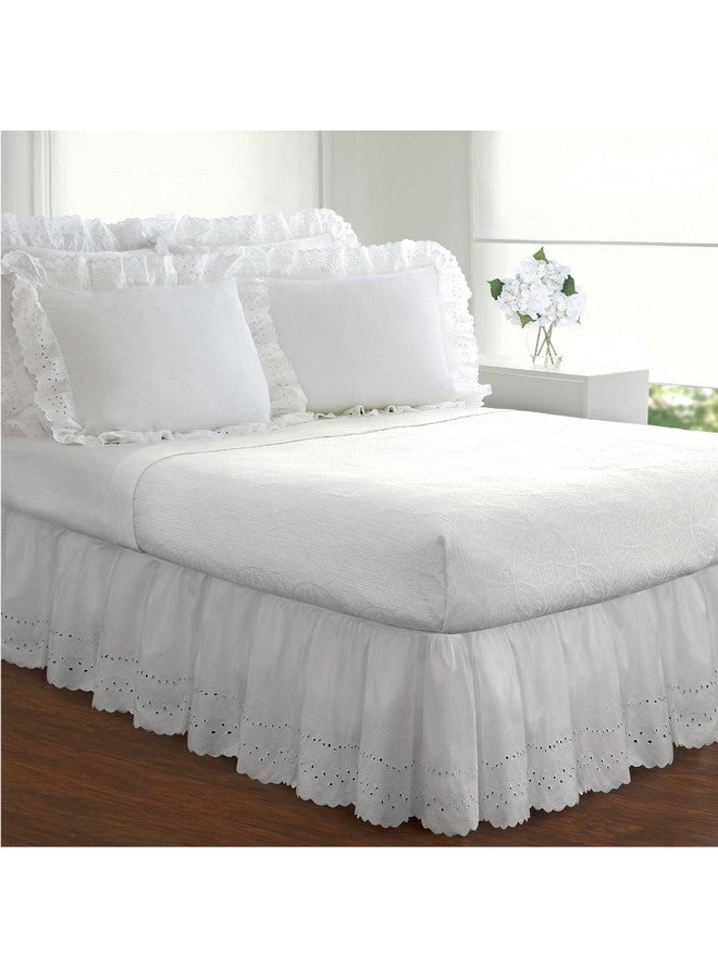 FRESH IDEAS Ideas Ruffled Eyelet Bed Skirt Dust Ruffle with Gathered Styling and Embroidered Details, 14" Drop Length, Queen, White - Image 2