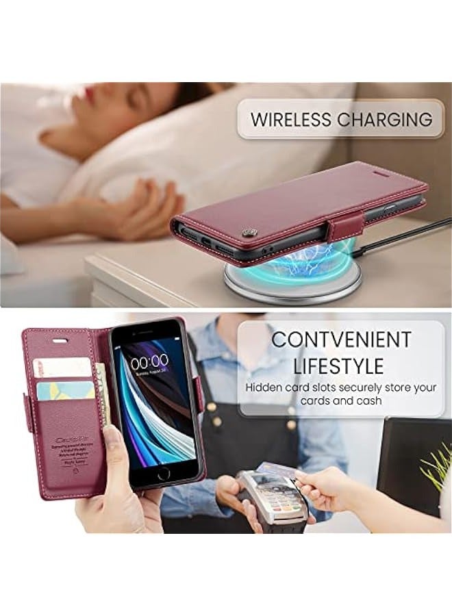حافظة جلدية أحمر لهواتف iPhone 6\/7\/8\/SE2\/SE3 مع حجب RFID وحامل بطاقات - للرجال والنساء، مقاومة للصدمات وتحوي شاشة مقلوبة - Image 5