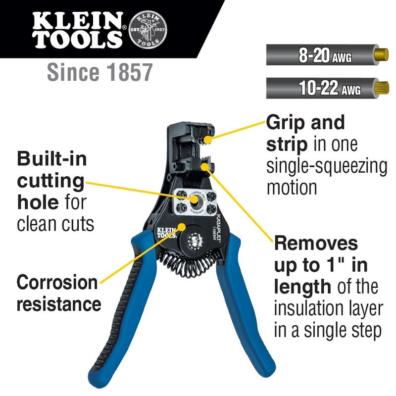 Klein Tools 11063W Wire Cutter / Wire Stripper, Heavy Duty Automatic Wire Stripper Tool for 8-20 AWG Solid and 10-22 AWG Stranded Electrical Wire - Image 3