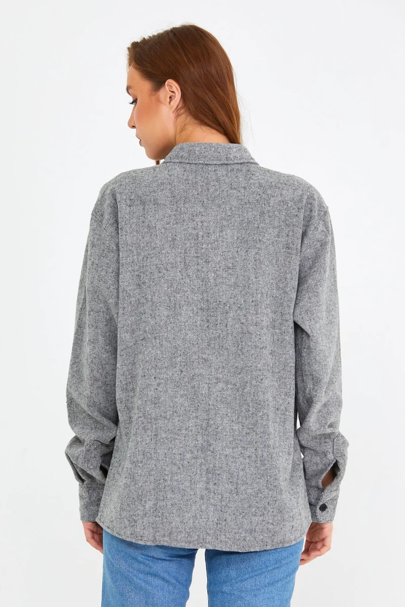 كوول تارز Cool Style Gray Women Slim Fit Button-down Collar Double Pocket Lumberjack Plain Shirt