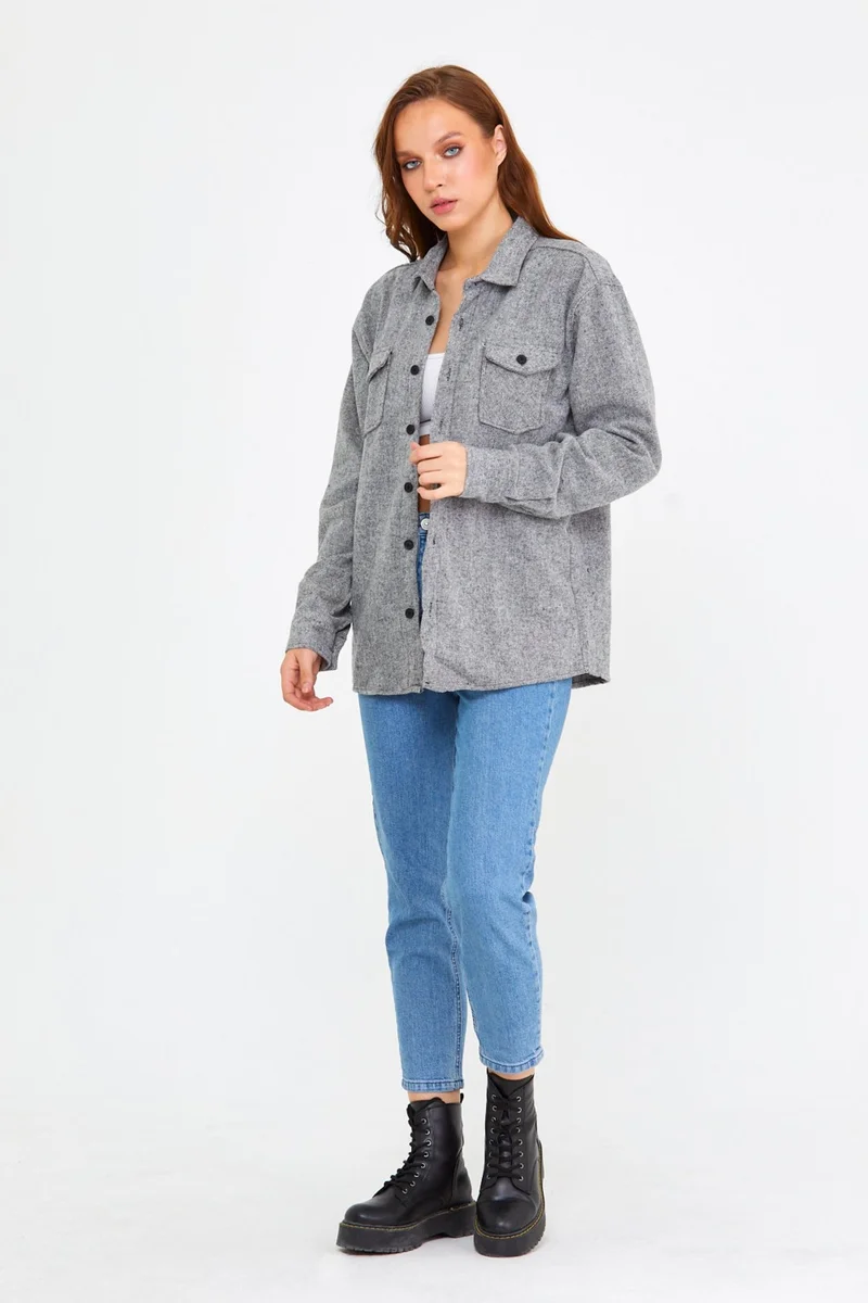 كوول تارز Cool Style Gray Women Slim Fit Button-down Collar Double Pocket Lumberjack Plain Shirt