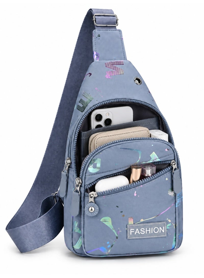 FASHION Girls' crossbody bag with a modern design and multiple zippers – blue with glittery patterns – lightweight and practical for everyday use - Image 3