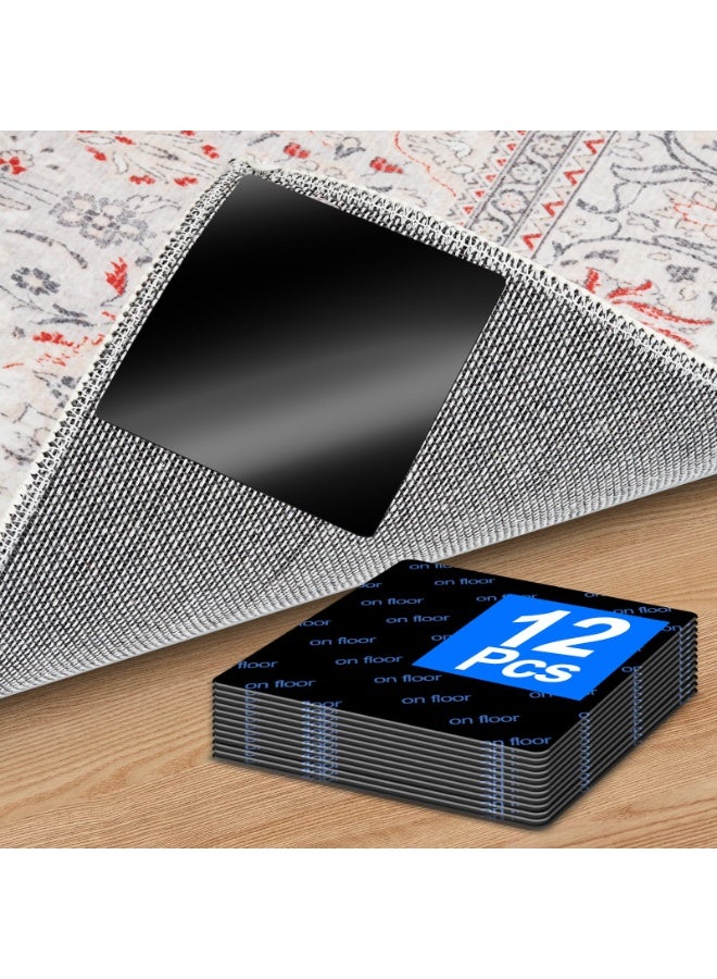 مشابك سجاد فاخرة وشريط لاصق للسجاد - 12 قطعة من الوسادات المربعة المضادة للانزلاق للسجاد، مقاس 3.9 بوصة، تمنع التجعد والانزلاق، مثالية للأرضيات الخشبية والبلاط والرخام والخشب الرقائقي - Image 1