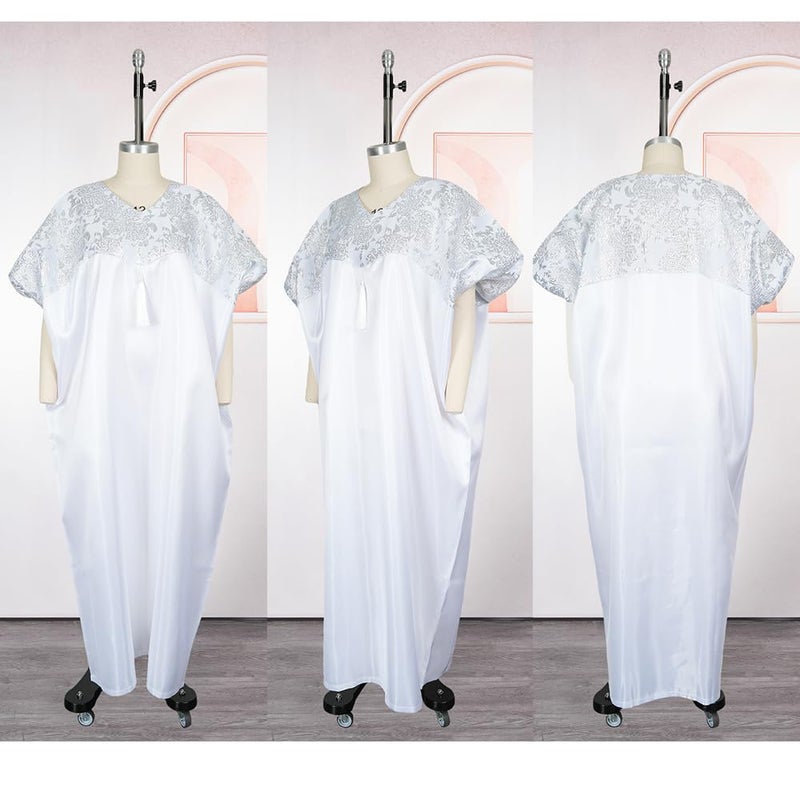 HD Stylish African Bubu Dress Fancy All White Jacqaurd & Glossy Fabric Patched Gown for Woman One Size - Image 4