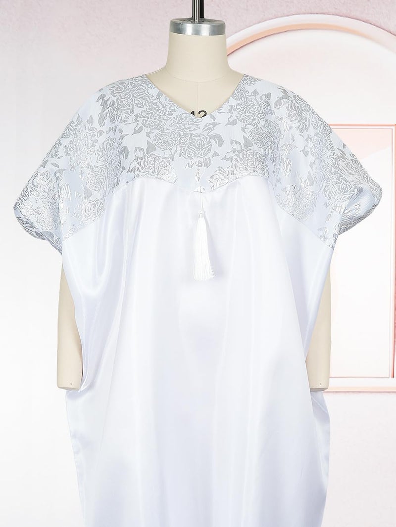 HD Stylish African Bubu Dress Fancy All White Jacqaurd & Glossy Fabric Patched Gown for Woman One Size - Image 2