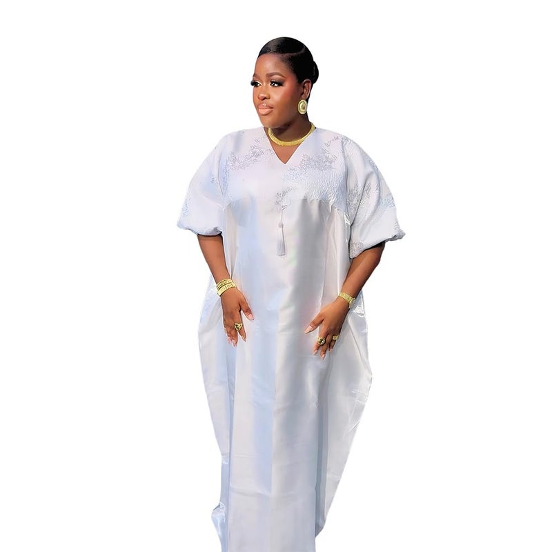 HD Stylish African Bubu Dress Fancy All White Jacqaurd & Glossy Fabric Patched Gown for Woman One Size - Image 1