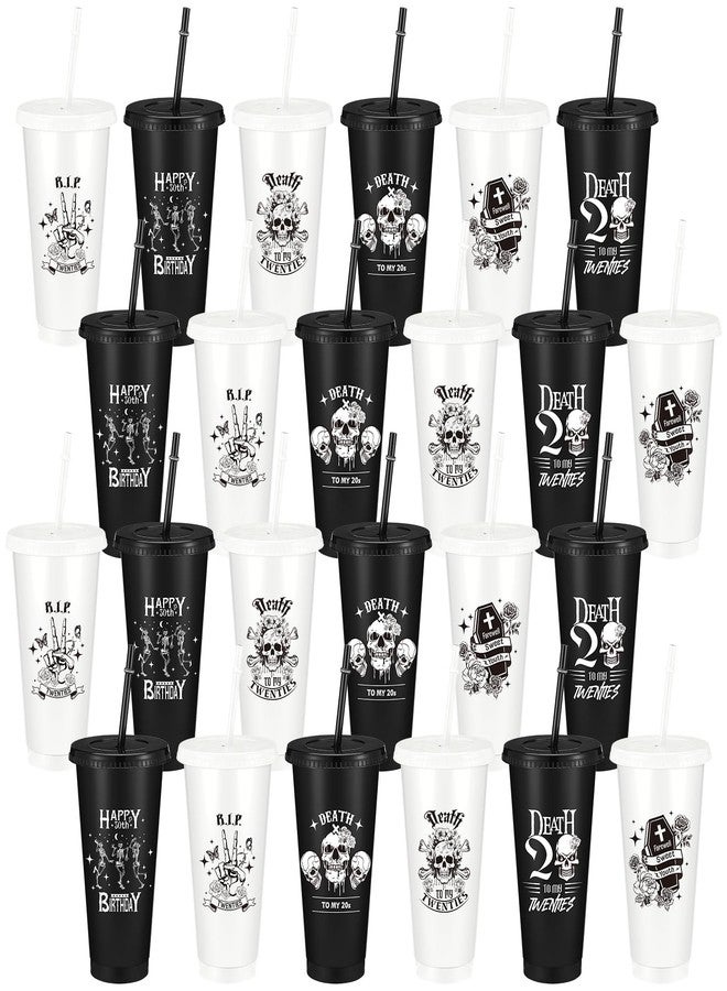 Willinglong 24 Pcs Death to My 20s Party Decorations 24 oz Rip to My 20s Plastic Cups with Straw and Lid Black White Twenties Birthday Supplies for Women Men 30th Birthday Party Decorations - Image 1