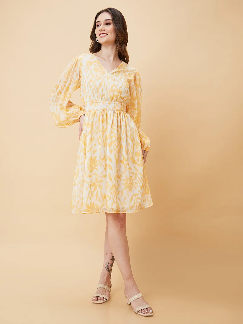 جلو باص Women Floral Printed Puff Sleeves A-Line Dress