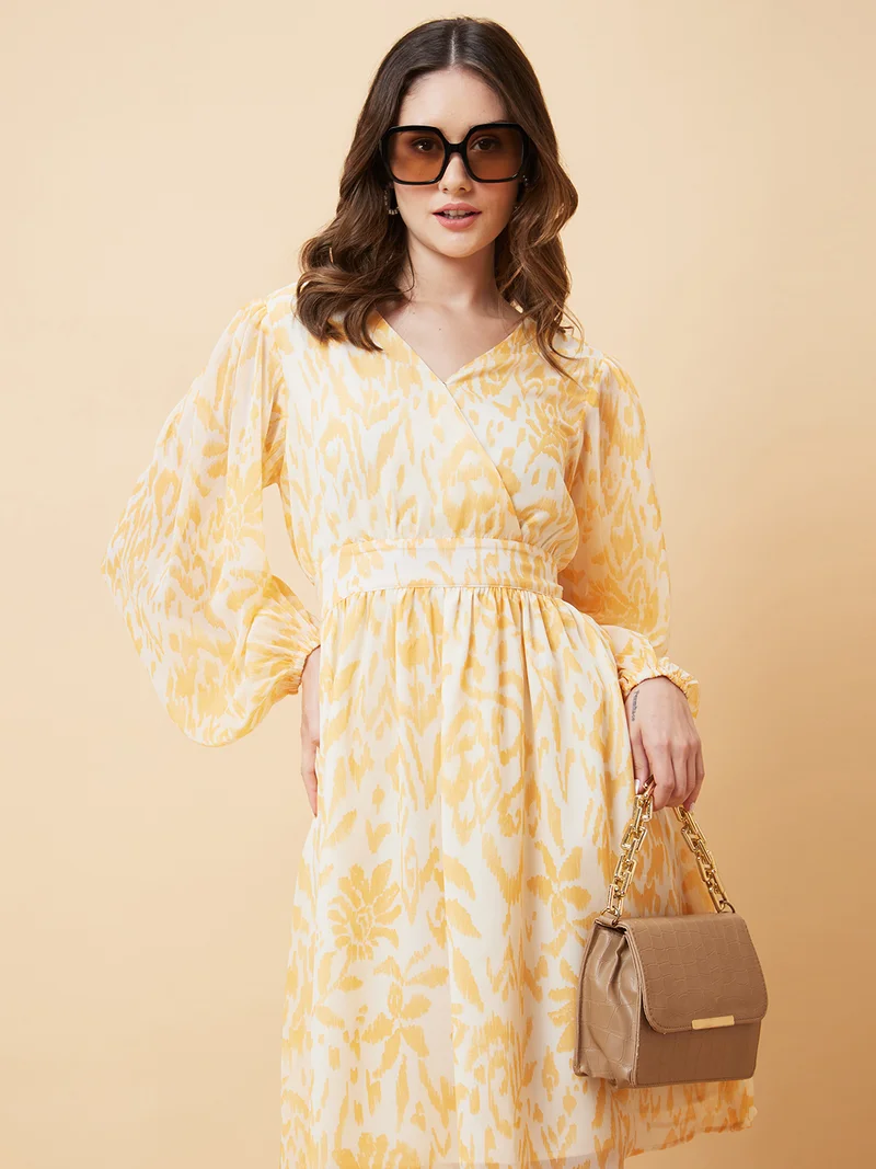 جلو باص Women Floral Printed Puff Sleeves A-Line Dress
