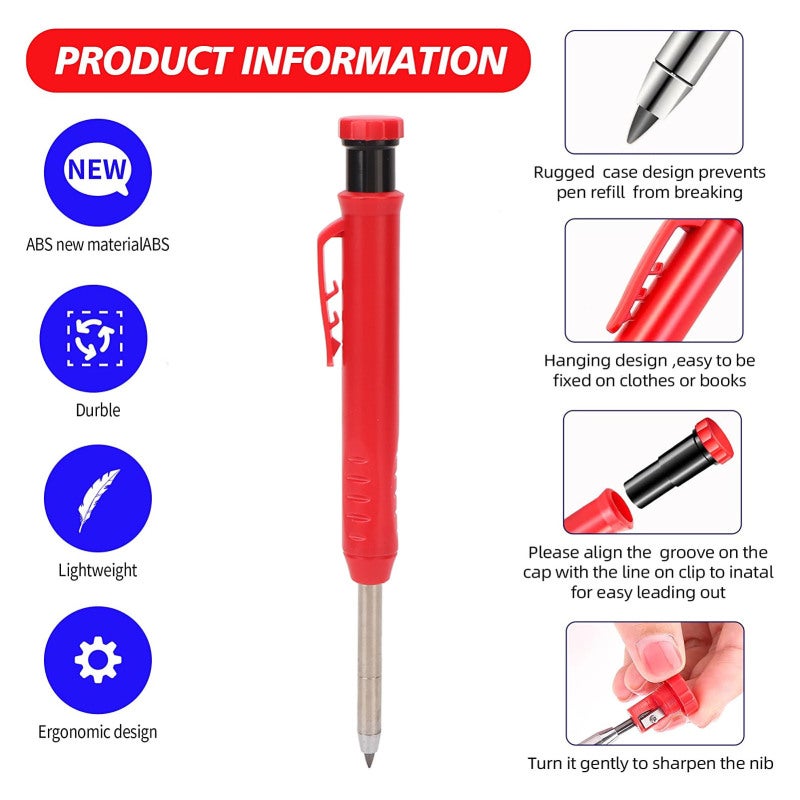 Woodworking Pencil: Fine Tip, Durable ABS Plastic, Comfortable Grip - Sharpener Included, Precision Tool for Metal Marking, Woodworking, Concrete Drilling - Image 4