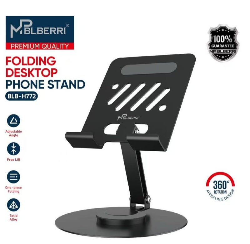 MPBLBERRI Folding Desktop Phone Stand – 360° Rotating Adjustable Mobile Holder, Foldable Alloy Desk Phone Stand for iPhone, Samsung & Android Smartphones - Image 2