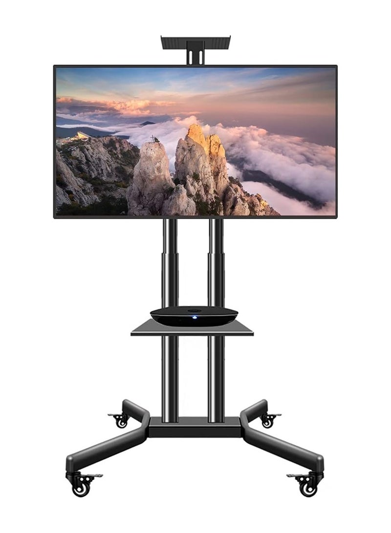 Mobile TV Stand with Wheels – Adjustable Height and Tilt, Fits 32 to 70 Inch Screens, Media Shelf, Holds up to 50kg
