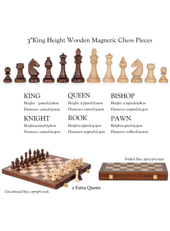 A&A 15" Magnetic Wooden Chess Set, Handmade 3" King Height Knight Staunton Chess Pieces with 2 Extra Queen, Folding Portable Travel Game Set - Image 4