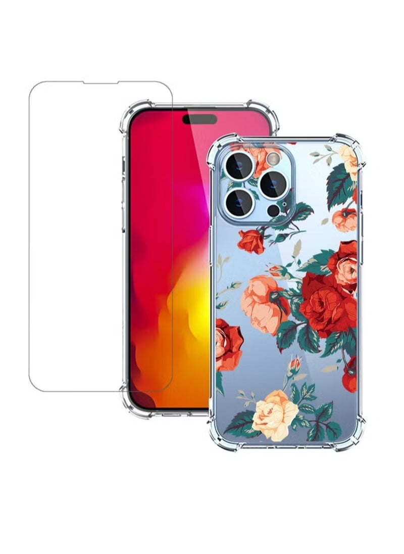 X-level iPhone 14 Pro Max Case Transparent Mobile Phone Back Flowers Pattern Four Corner Shockproof Protective Camera Protection Funtion With 1 Screen Film Tempered Glass Cover Protector For Women Girl  - Image 1