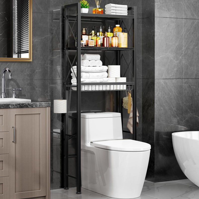 Kalrin Over The Toilet Storage with X Shape Side Guardrail, 3-Tier Over Toilet Storage Rack with Drain Basket, Freestanding Bathroom Organizer for Balcony Laundry, Pure Black - Image 1