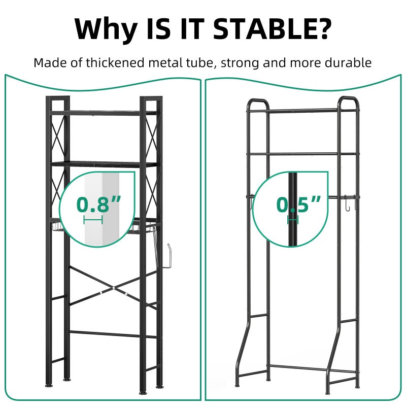 Kalrin Over The Toilet Storage with X Shape Side Guardrail, 3-Tier Over Toilet Storage Rack with Drain Basket, Freestanding Bathroom Organizer for Balcony Laundry, Pure Black - Image 5