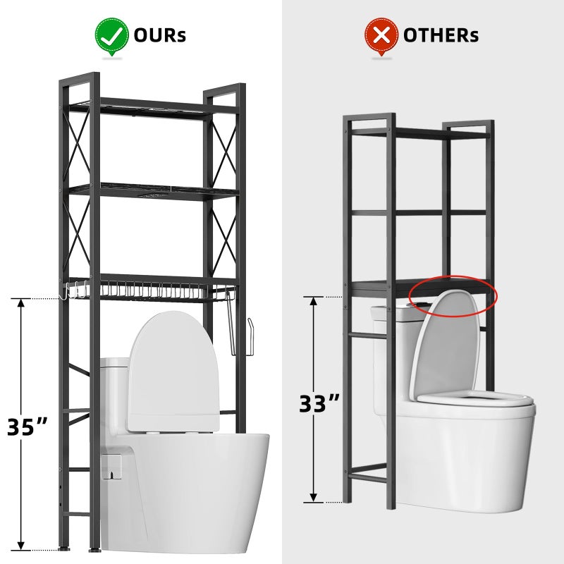 Kalrin Over The Toilet Storage with X Shape Side Guardrail, 3-Tier Over Toilet Storage Rack with Drain Basket, Freestanding Bathroom Organizer for Balcony Laundry, Pure Black - Image 4