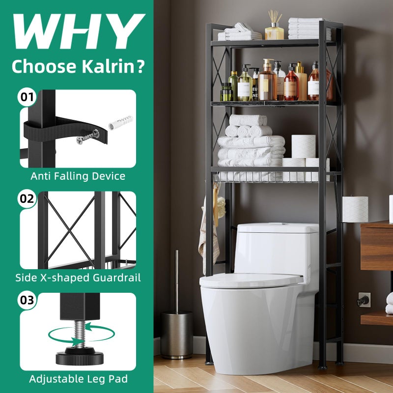 Kalrin Over The Toilet Storage with X Shape Side Guardrail, 3-Tier Over Toilet Storage Rack with Drain Basket, Freestanding Bathroom Organizer for Balcony Laundry, Pure Black - Image 3