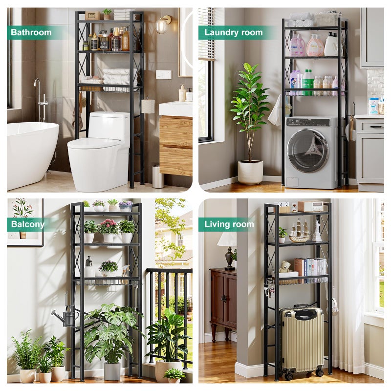 Kalrin Over The Toilet Storage with X Shape Side Guardrail, 3-Tier Over Toilet Storage Rack with Drain Basket, Freestanding Bathroom Organizer for Balcony Laundry, Pure Black - Image 2