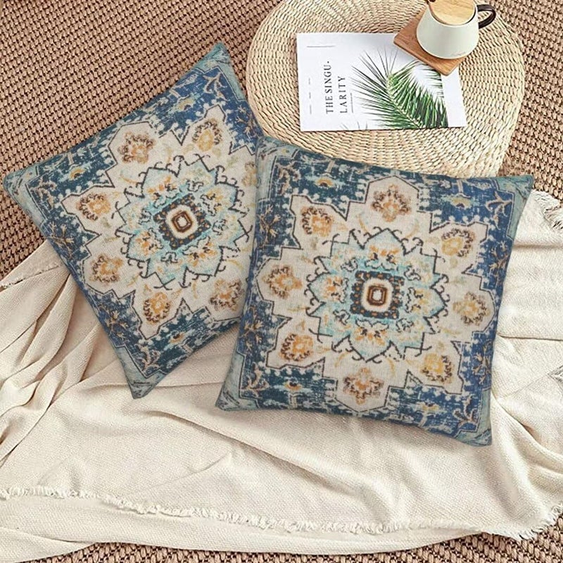 Sunshineyan Boho Pillow Covers 24x24 Set of 2  Light Blue Beige Carpet Pattern Outdoor Decorative Throw Pillows Vintage Linen Ethnic Rustic Farmhouse Cushion Cases for Couch Sofa Decor - Image 5