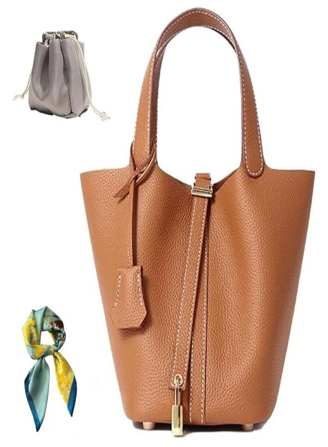 Pmuul Genuine Cow Hide Leather Bucket Bag for Women with Functional Lock, Classic Designer Inspired Top-Handle Handbag, Small Hand-Carry Tote Purse (Brown) - Image 1