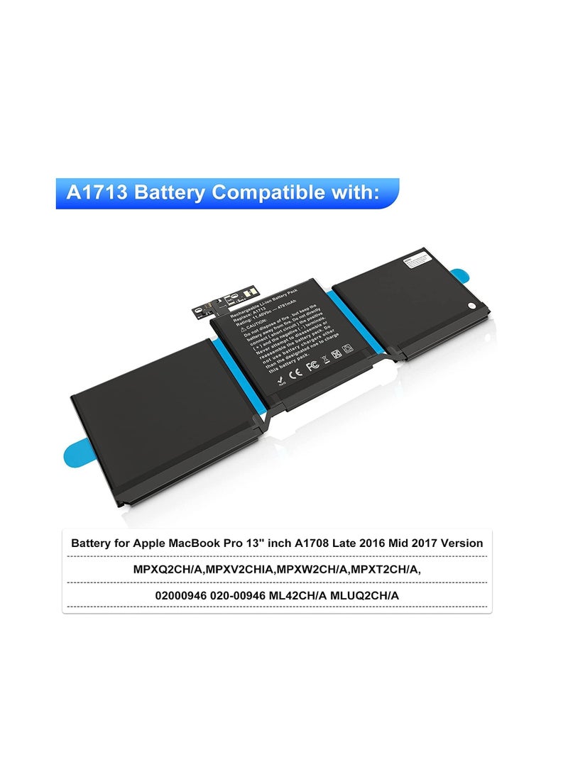 Terabyte A1713 A1708 Laptop Battery Compatible for MacBook Pro 13" A1708 (Late 2016, Mid 2017) Li-Polymer 11.4V 54.5Wh 4781mAh - Image 2