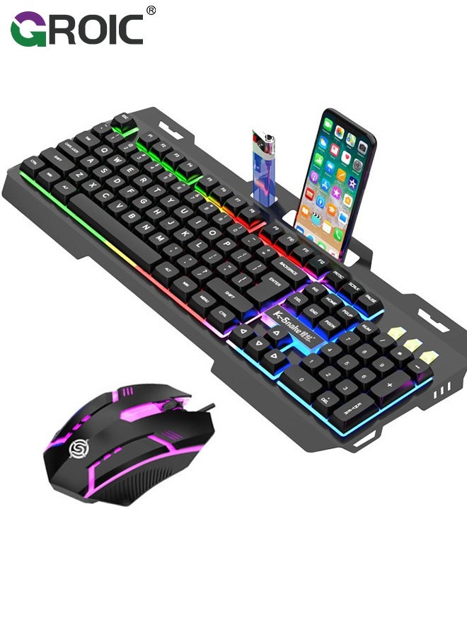 GROIC - Wired Keyboard and Mouse with Colored Backlit, Wrist Rest, Gaming Mouse, Rechargeable Ergonomic Light Up Keyboard Mouse Combo with Phone Holder for Windows, Mac, PC, Laptop - Image 1
