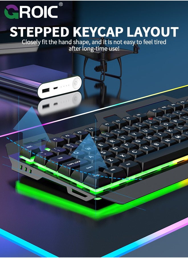 GROIC - Wired Keyboard and Mouse with Colored Backlit, Wrist Rest, Gaming Mouse, Rechargeable Ergonomic Light Up Keyboard Mouse Combo with Phone Holder for Windows, Mac, PC, Laptop - Image 1