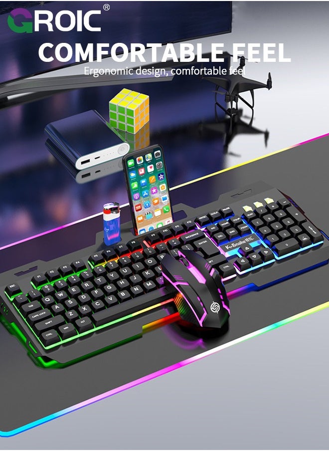 GROIC - Wired Keyboard and Mouse with Colored Backlit, Wrist Rest, Gaming Mouse, Rechargeable Ergonomic Light Up Keyboard Mouse Combo with Phone Holder for Windows, Mac, PC, Laptop - Image 1