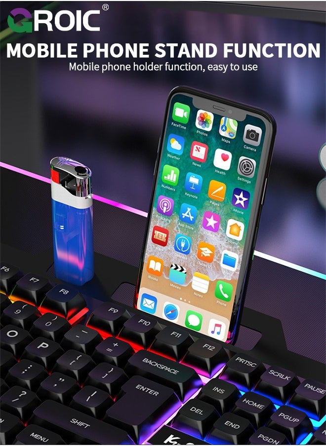 GROIC - Wired Keyboard and Mouse with Colored Backlit, Wrist Rest, Gaming Mouse, Rechargeable Ergonomic Light Up Keyboard Mouse Combo with Phone Holder for Windows, Mac, PC, Laptop - Image 1