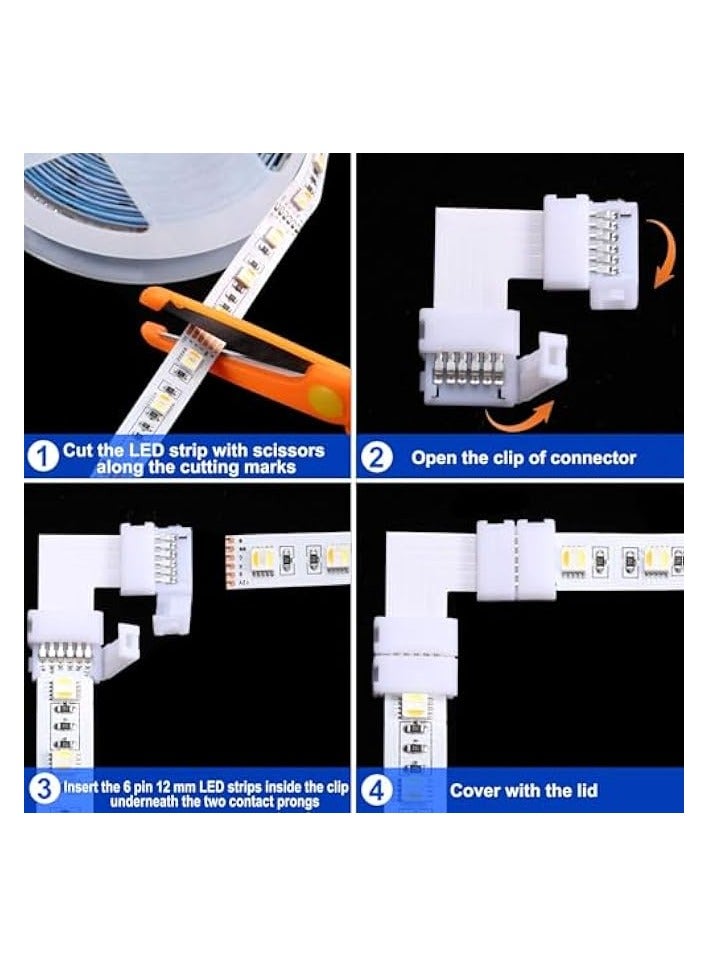 erorex 12-Piece 6-Pin L-Shaped LED Strip Connector Kit - Solderless Corner Joints for 12mm RGB/RGBW Light Strips, Waterproof 90° Angle Connectors for 6 Pin LED Strip (Includes 6 Straight + 6 Angled Adapters) - Image 3