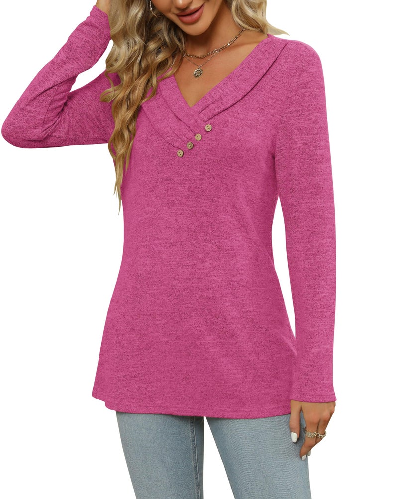 FMEYOA Women's Fall Long Sleeve Tunic Tops for Leggings V Neck Button Casual Blouse Sweatshirt(Rose Pink,XX-Large) - Image 5