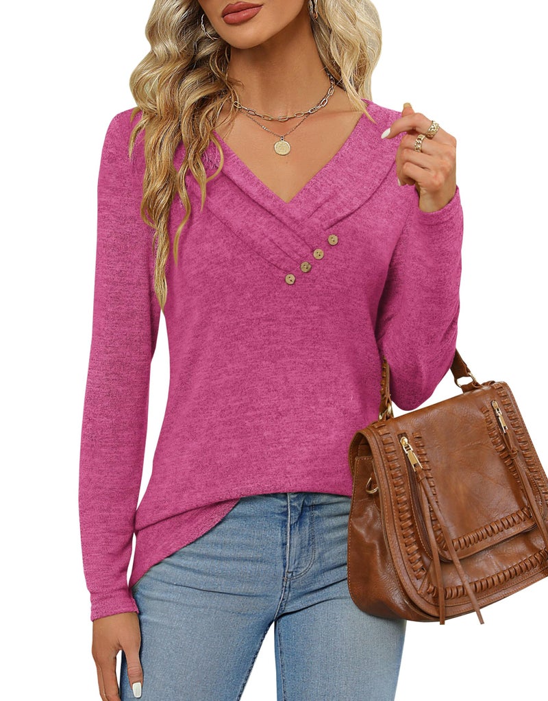 FMEYOA Women's Fall Long Sleeve Tunic Tops for Leggings V Neck Button Casual Blouse Sweatshirt(Rose Pink,XX-Large) - Image 4
