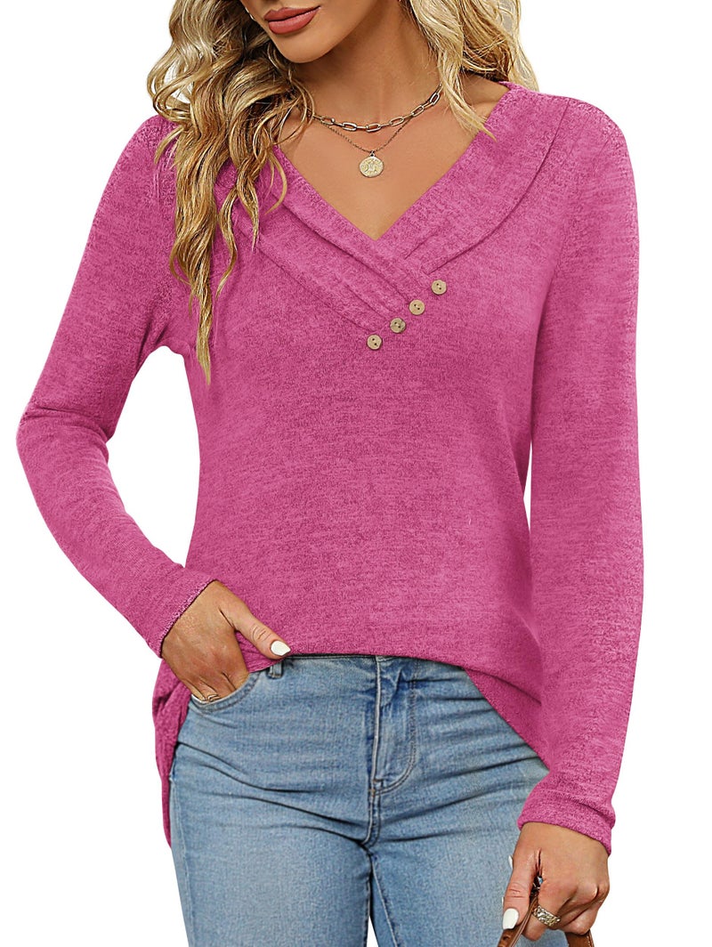 FMEYOA Women's Fall Long Sleeve Tunic Tops for Leggings V Neck Button Casual Blouse Sweatshirt(Rose Pink,XX-Large) - Image 2